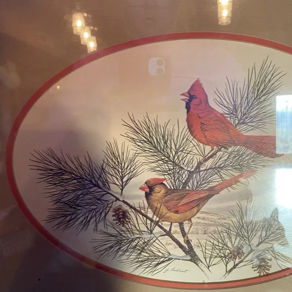 Vintage J Lockhart cardinal bird framed art, winter, Christmas decor